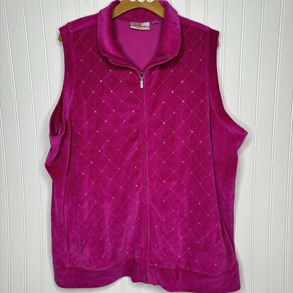Quacker Factory Womens XXL Rhinestudded Full Zip Hot Pink Velour Velvet Vest - Picture 1 of 11